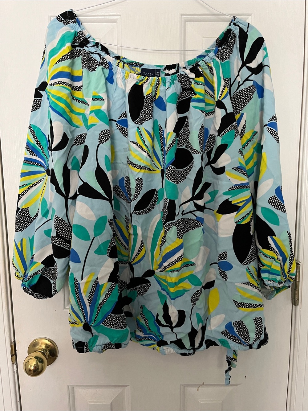 Kaari Blue Aqua Floral Off-Shoulder Tunic